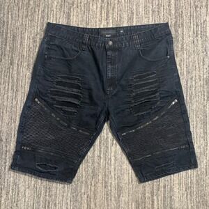 Decibel Distressed Ripped Denim Moto Shorts Zippers‎ Black Mens Size 42